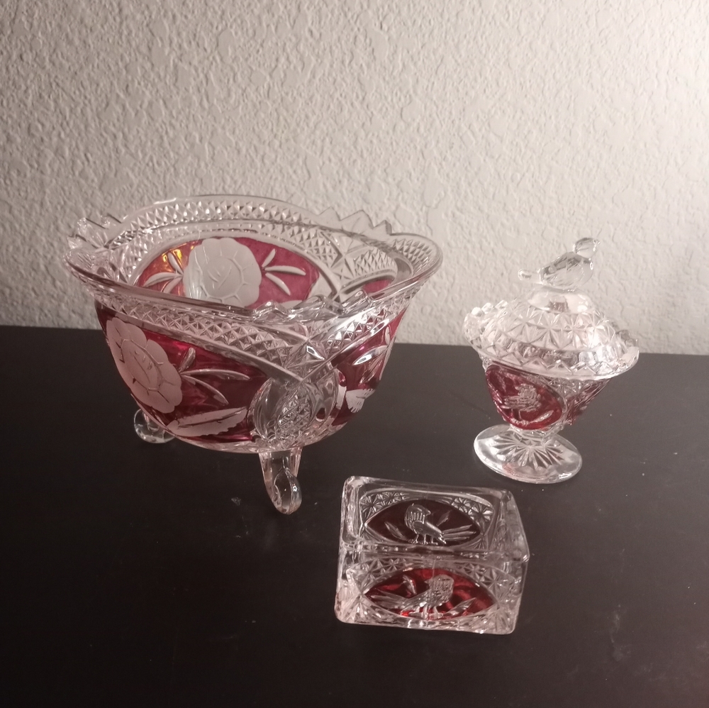 EXQUISITE VTG Hofbauer Germany Cut To Clear Raspberry Crystal Set of 3.